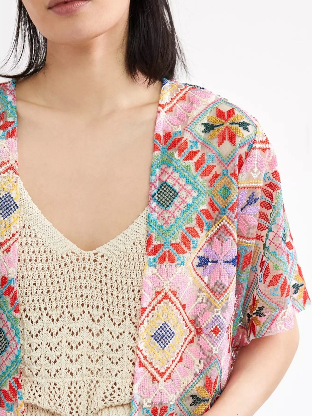 Anthropologie Mosaic Cropped Kimono Embroidered Sheer Boho One Size